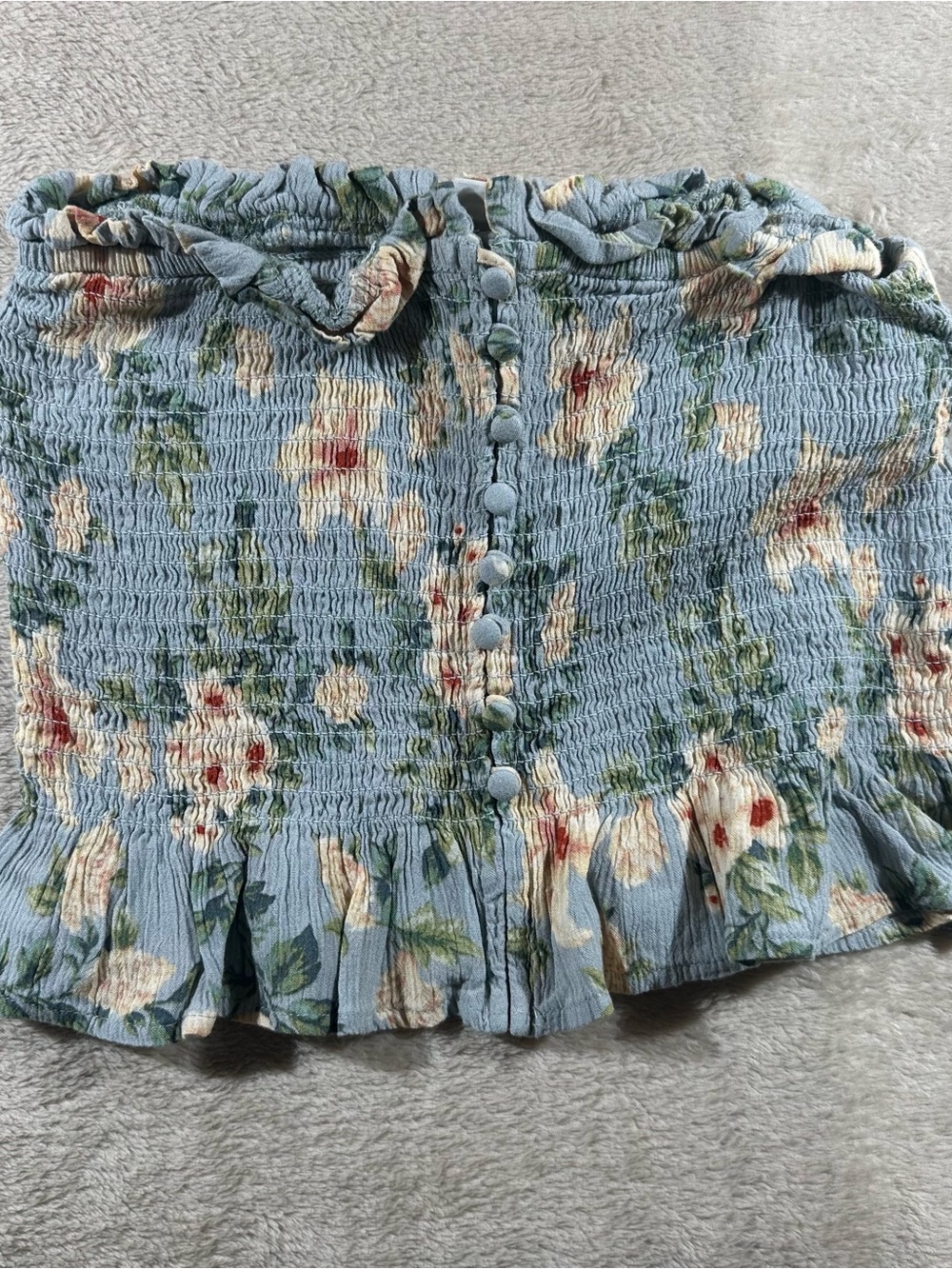 American Eagle Outfitters Light Blue Floral Smocked Top with Fabric Buttons